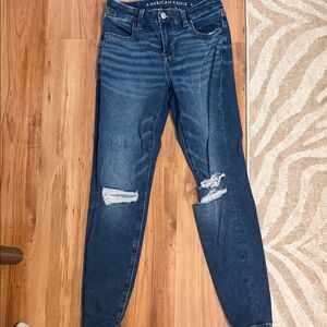 American Eagle Outfitters Women's Dark Blue Ripped Skinny Jeans